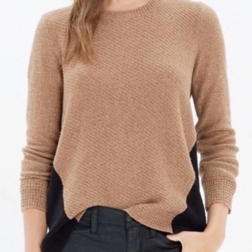 Madewell Tan and Black Colorblock Pullover Zip-Back Crew Neck Sweater - Size M